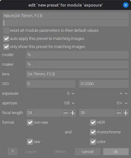 Диалог сохранения пресета Диалог сохранения пресета